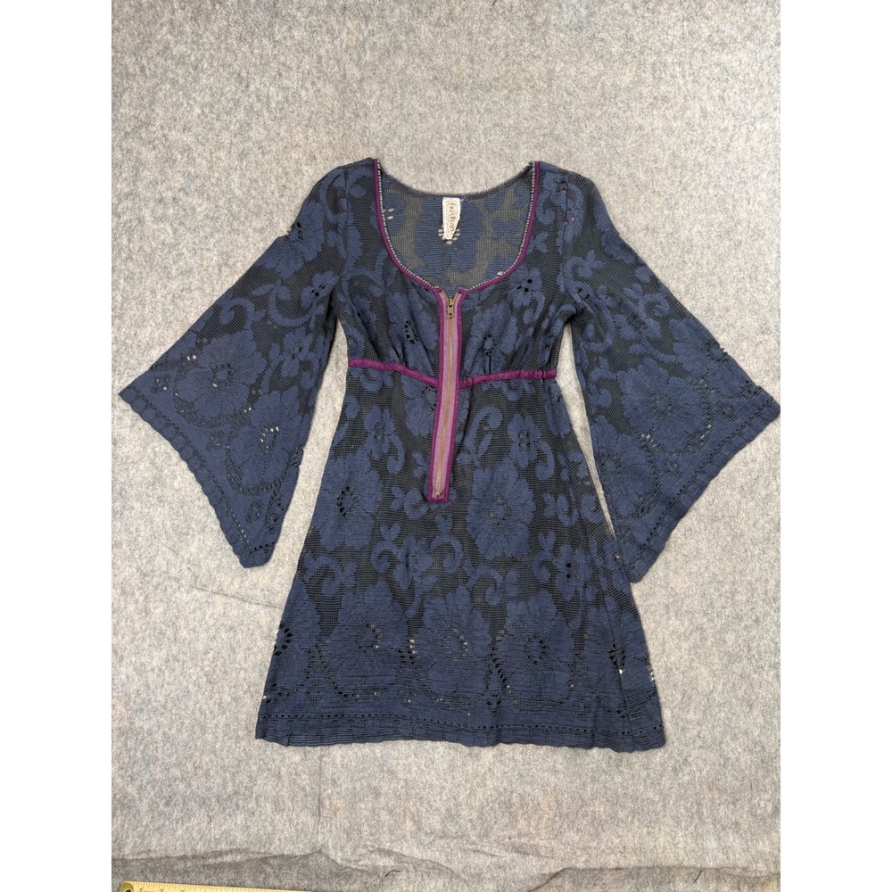 Free People Dress Womens XS Blue Purple Lace Bell Sleeve Boho Mini Tunic Zip